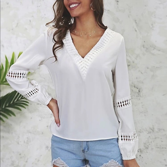 White  contrast lace V neck lace insert top - Picture 3 of 4